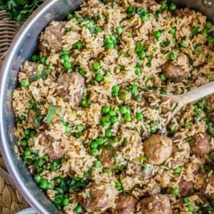 One Skillet Beef Meatballs with Rice and Peas from The Food Charlatan