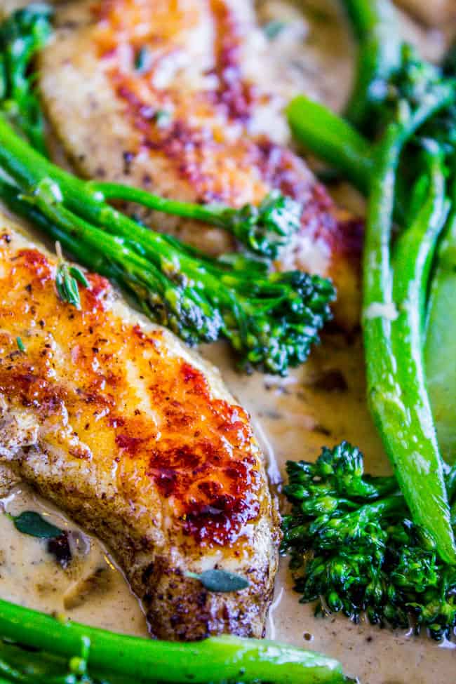 Pan-Seared Chicken and Broccolini in Creamy Mustard Sauce from The Food Charlatan