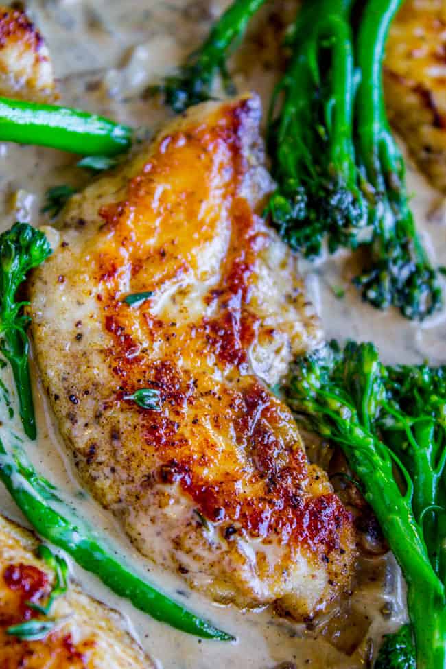 Pan-Seared Chicken and Broccolini in Creamy Mustard Sauce from The Food Charlatan