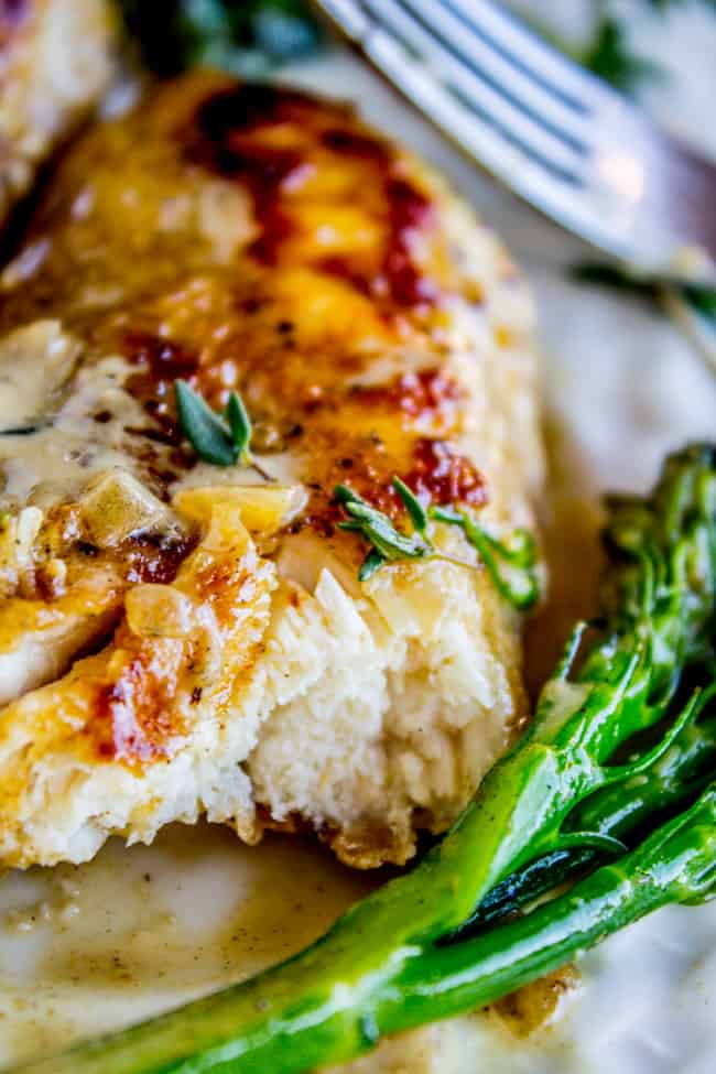 Pan-Seared Chicken and Broccolini in Creamy Mustard Sauce from The Food Charlatan