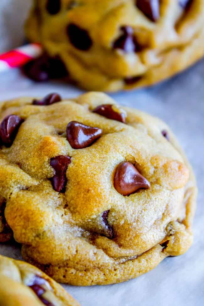 chocolate chip cookies on parchment paper.