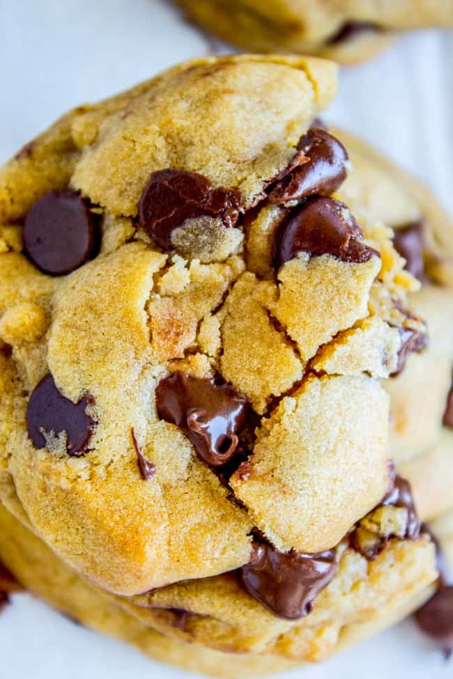 a big chocolate chip cookie with melting chocolate chips.