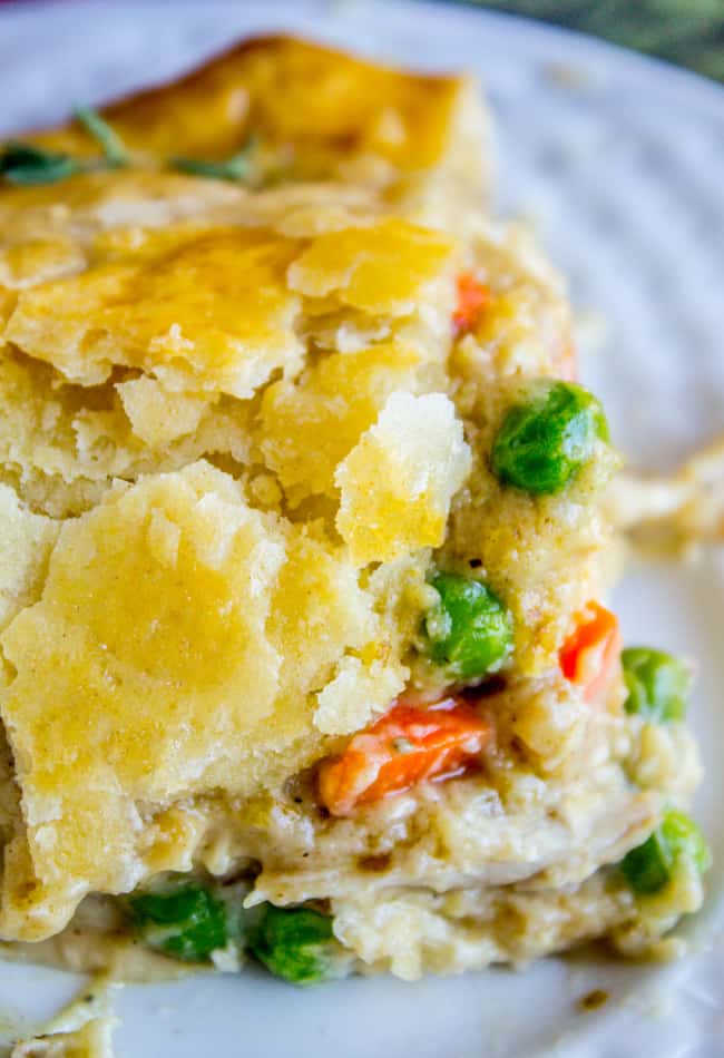 a piece of homemade chicken pot pie with flaky crust.