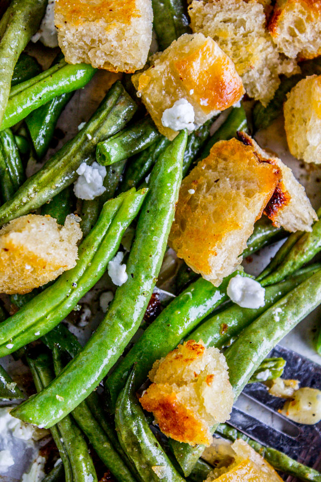 Roasted Garlic Green Beans with Fried Sourdough from The Food Charlatan