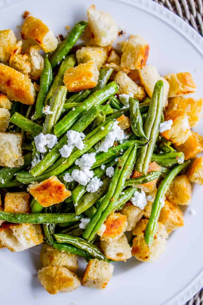 Roasted Garlic Green Beans with Fried Sourdough from The Food Charlatan