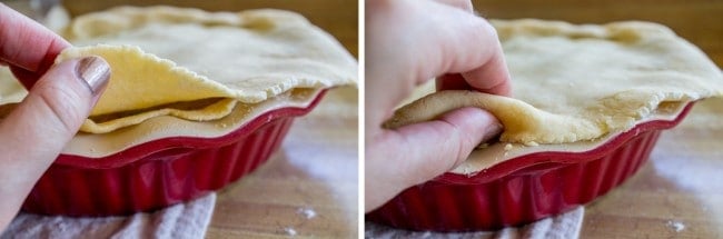 placing a crust on chicken pot pie. 