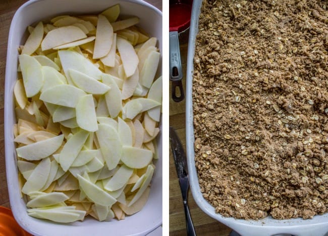 sliced apples in a white casserole dish, topped with oat streusel. 