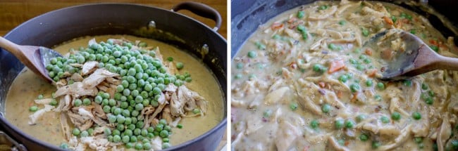 adding chicken and vegetables to chicken pot pie filling. 