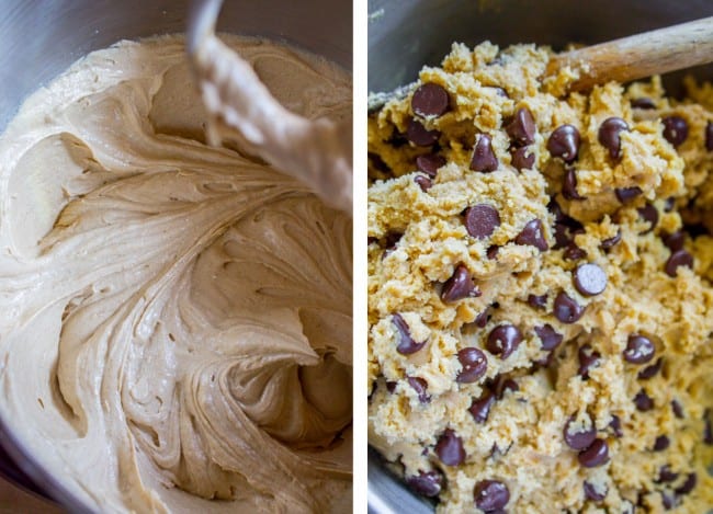 creaming brown butter with sugar, chocolate chip cookie dough with a wooden spoon.