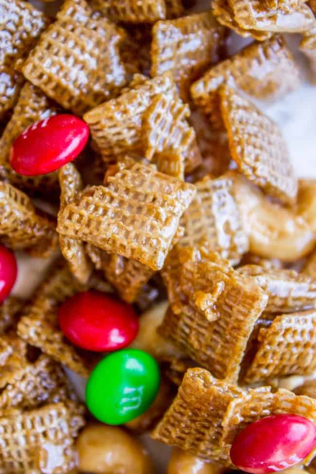 sweet and salty chex mix featuring red and green M&M's