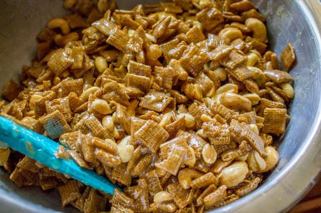 holiday chex mix covered in glaze syrup
