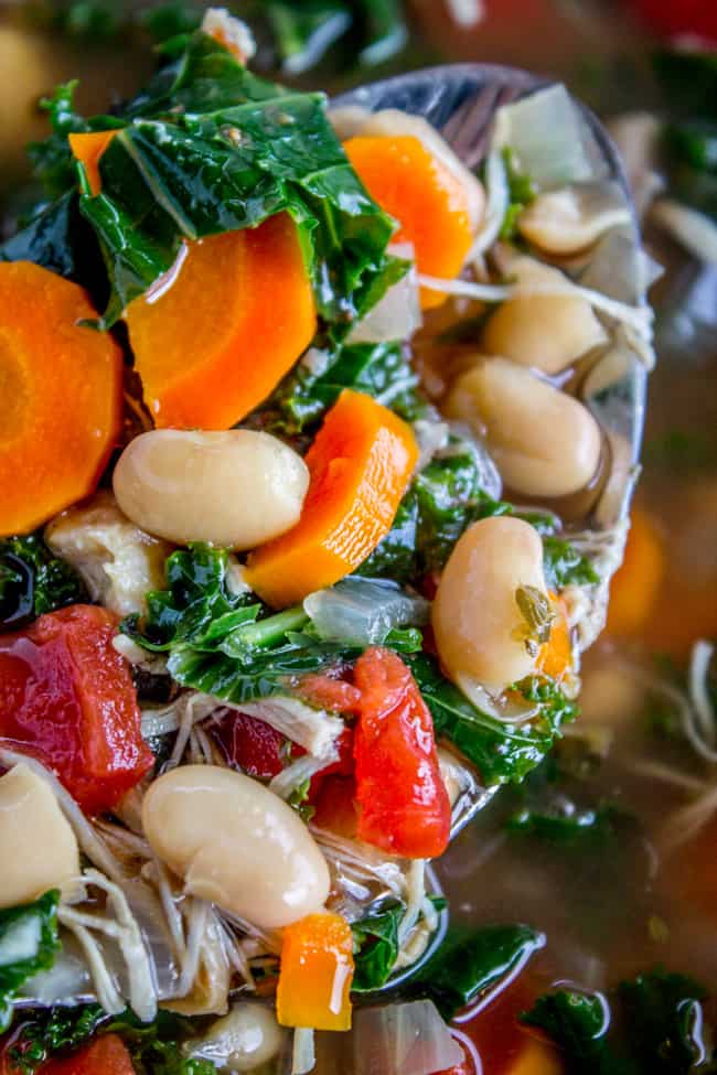 a large spoonful of soup with chicken, carrots, white beans, kale, and tomatoes.