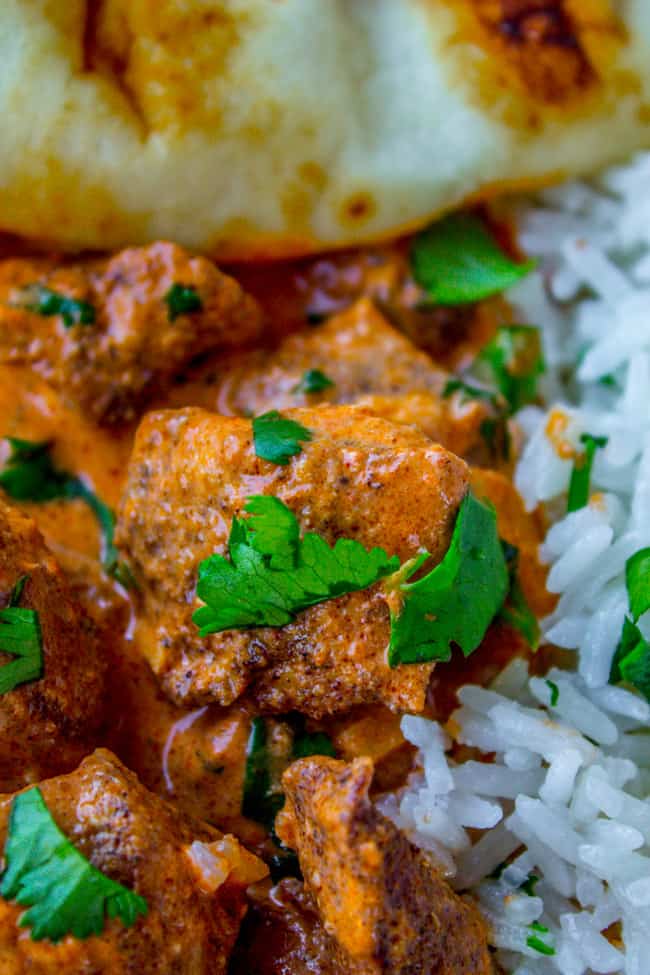 chicken tikka masala with rice and naan. 