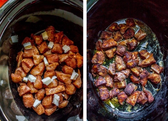 adding marinated chicken and butter to a crockpot. 