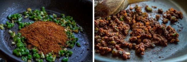 spices, garlic, and jalapeno sautéed in a pan. 