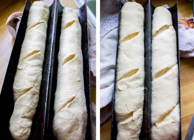 French bread loaves rising in a baguette pan. 