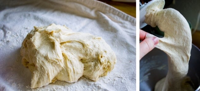 Kneading dough on a floured tea towel and testing its elasticity. 