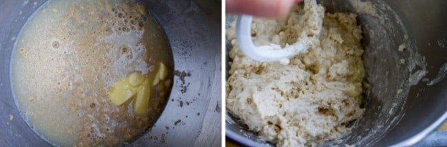 butter in proofing yeast in the bowl of a stand mixer, removing the dough hook from French bread dough. 