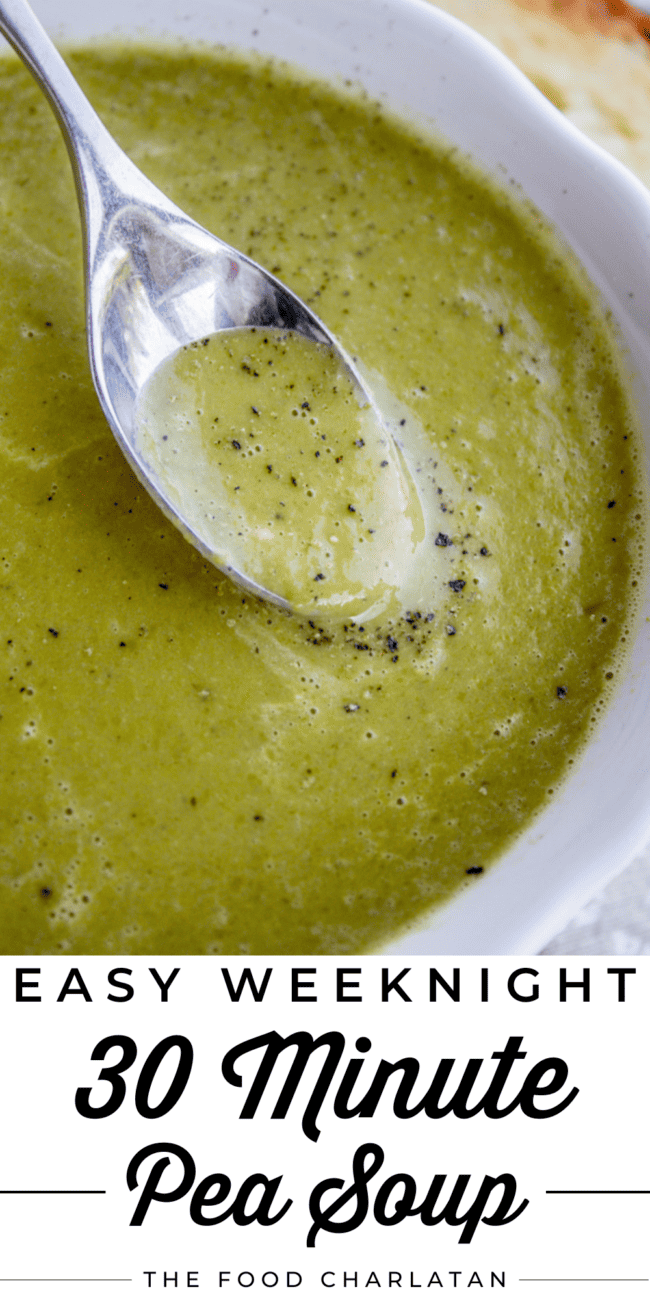 a bowl of pea soup with a spoon in it.