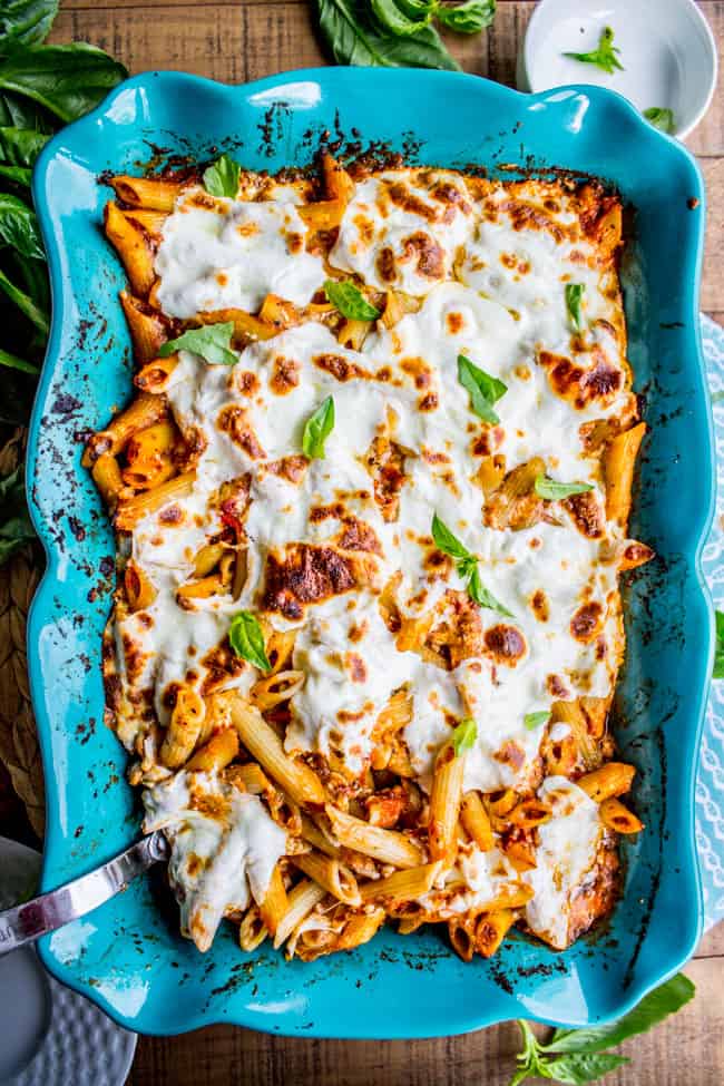 Extra Cheesy Penne and Mozzarella Casserole from The Food Charlatan