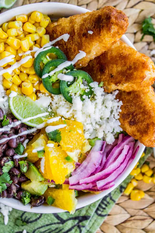 Beer-Battered-Fish Burrito Bowl with Orange Avocado Salsa from The Food Charlatan