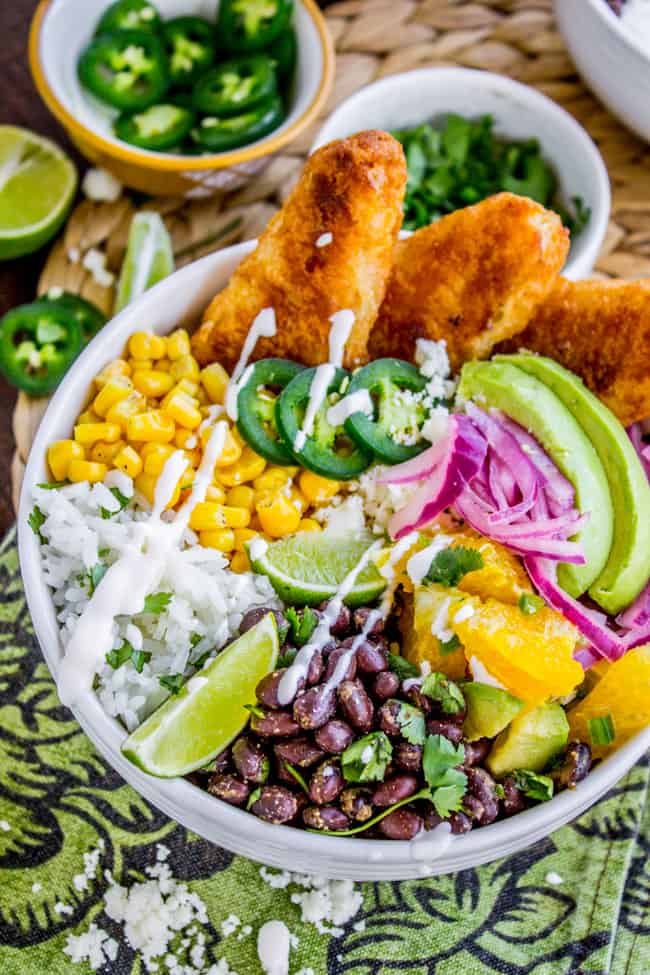 Beer-Battered-Fish Burrito Bowl with Orange Avocado Salsa from The Food Charlatan