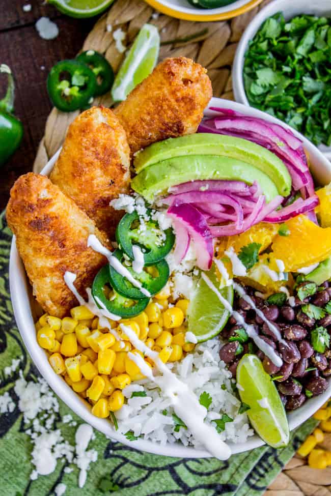 Beer-Battered-Fish Burrito Bowl with Orange Avocado Salsa from The Food Charlatan