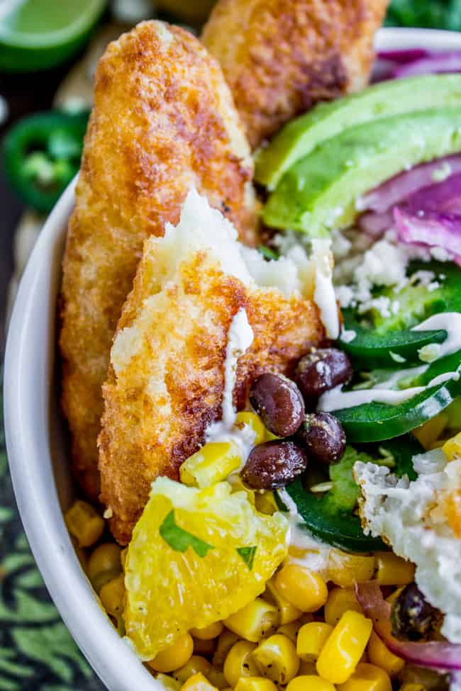 Beer-Battered-Fish Burrito Bowl with Orange Avocado Salsa from The Food Charlatan