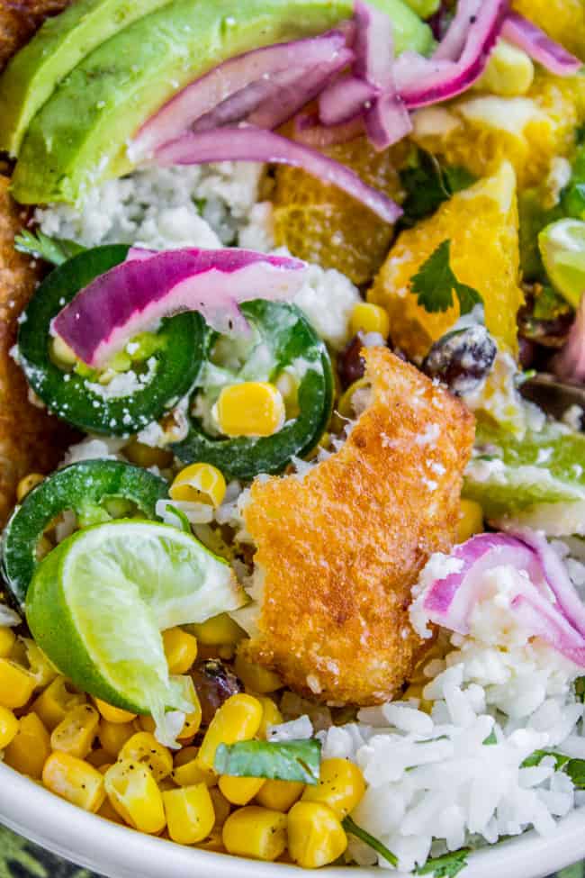 Beer-Battered-Fish Burrito Bowl with Orange Avocado Salsa from The Food Charlatan