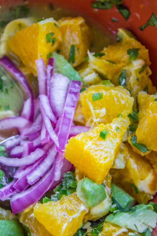 Beer-Battered-Fish Burrito Bowl with Orange Avocado Salsa from The Food Charlatan