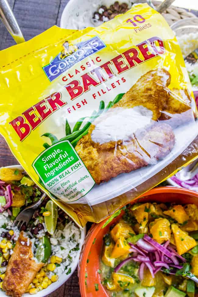 Beer-Battered-Fish Burrito Bowl with Orange Avocado Salsa from The Food Charlatan