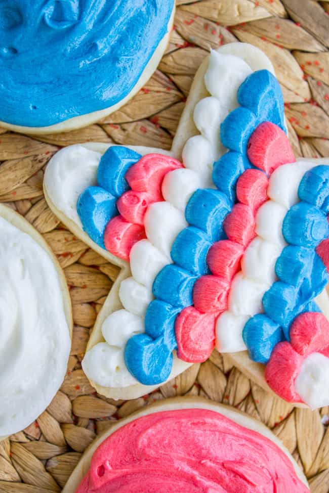 Red, white, and blue-frosted Fourth of July soft sugar cookie 