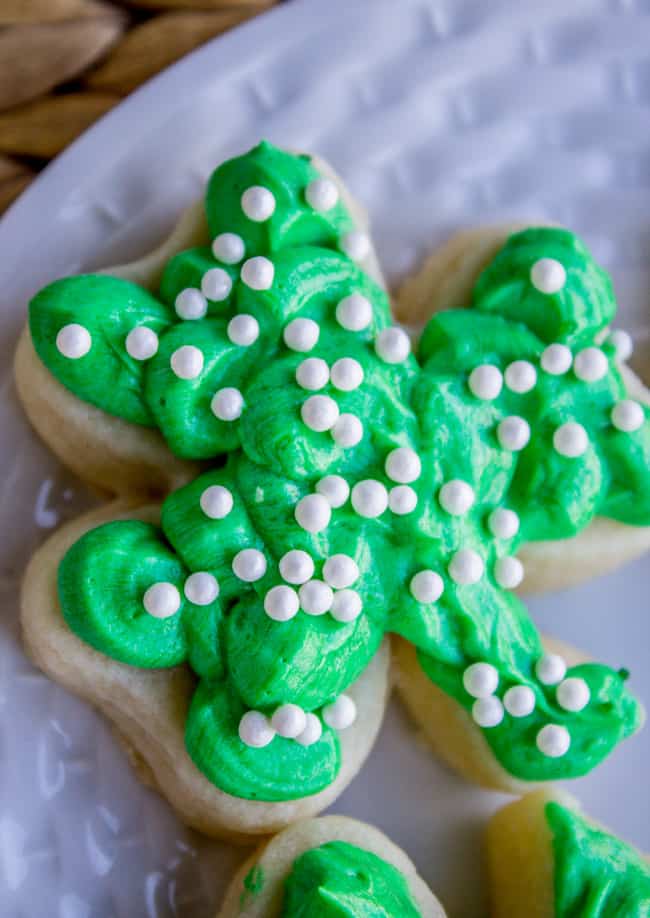 Best Soft Sugar Cookie - St. Patrick's Day green frosting with sprinkles on top; close up