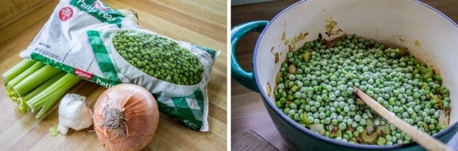 frozen peas, celery, garlic, and onion; the same ingredients in a cooking pot.