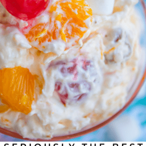 mandarin orange ambrosia salad in a glass dish.