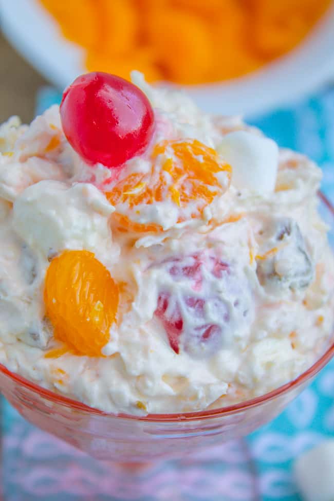 mandarin orange ambrosia salad in a glass dish. 