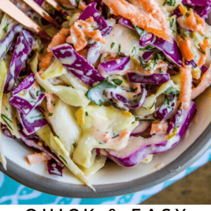 A bowl of vibrant coleslaw with green and purple cabbage, shredded carrots, and fresh herbs, tossed in a zesty lemon dressing. Wooden chopsticks rest on the bowl. Text below reads: Quick & Easy Coleslaw with Fresh Herbs & Lemon.