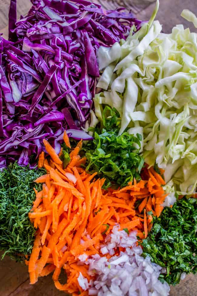 thinly sliced ingredients for homemade coleslaw.