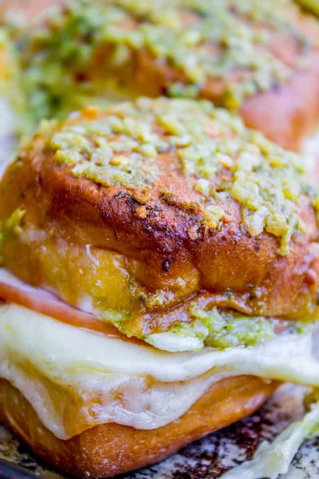 Canadian Bacon and Havarti Cheese Sliders with Pesto Glaze from The Food Charlatan
