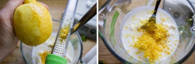 zesting a lemon with a microplane grater into a measuring cup with coleslaw dressing. 