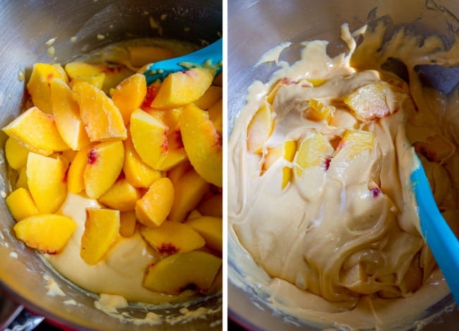 mixing frozen peaches into cake batter.