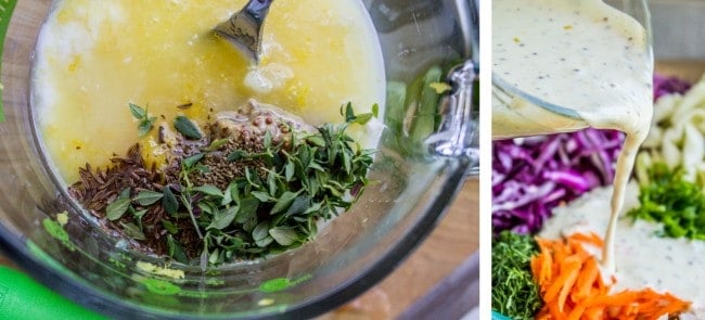 mixing and pouring dressing for homemade coleslaw.