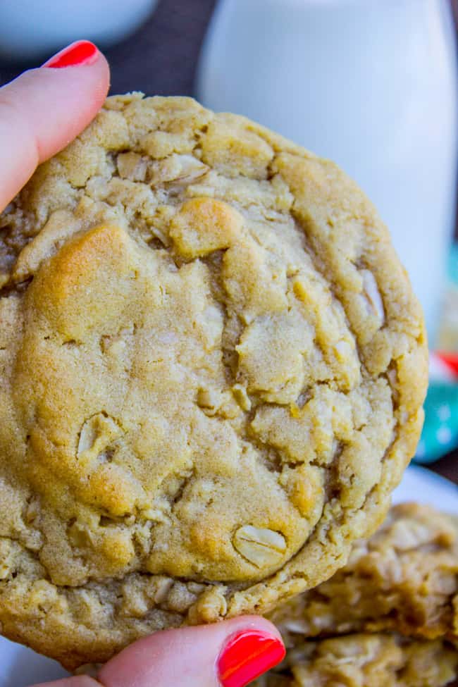 hand holding a chewy peanut butter oatmeal cookie.