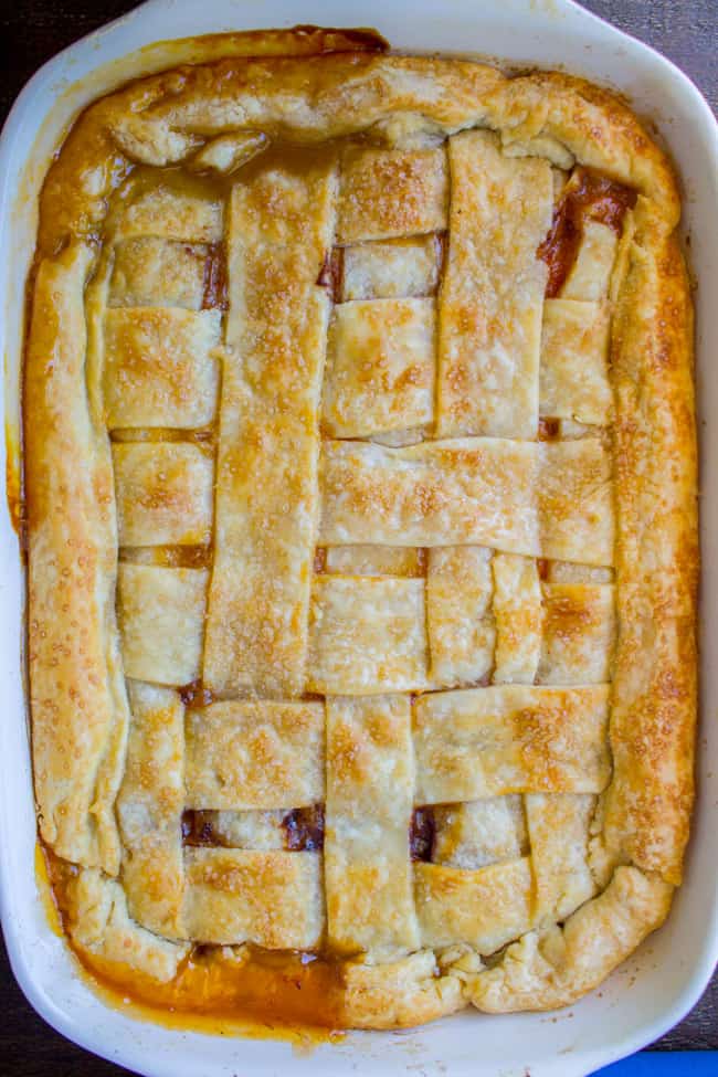 Overhead of lattice crust on apricot pie recipe