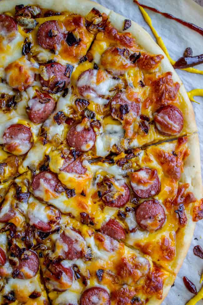 Leftover Hot Dog Pizza with Caramelized Onions from The Food Charlatan