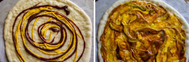 Spreading mustard and bbq sauce on pizza crust.