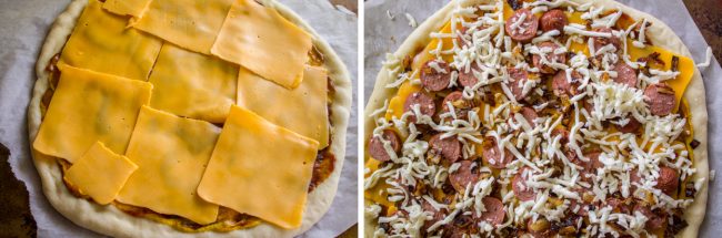 topping pizza with cheese slices, hot dog slices, and grated mozzarella cheese.