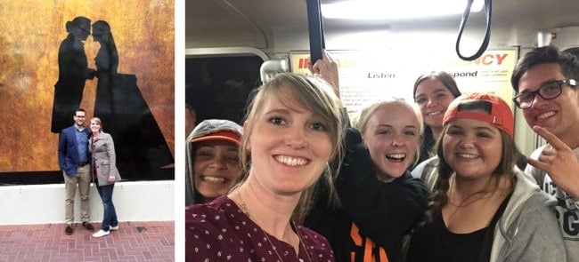 a couple posed in front of a Hamilton mural, young people on a subway car.