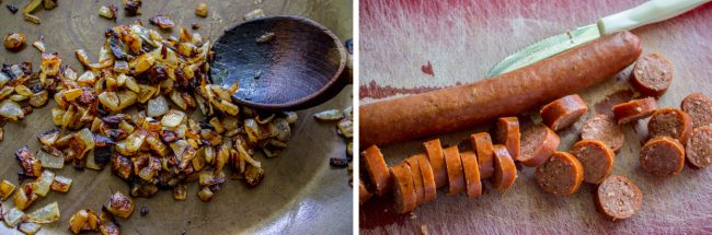 Sautéed onions and sliced hot dogs.