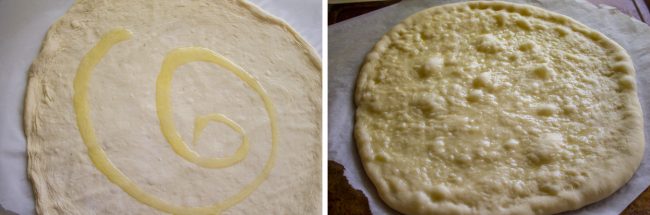 Spreading oil on pizza crust before going in over and bubbly pizza crust after a couple of minutes in the oven.